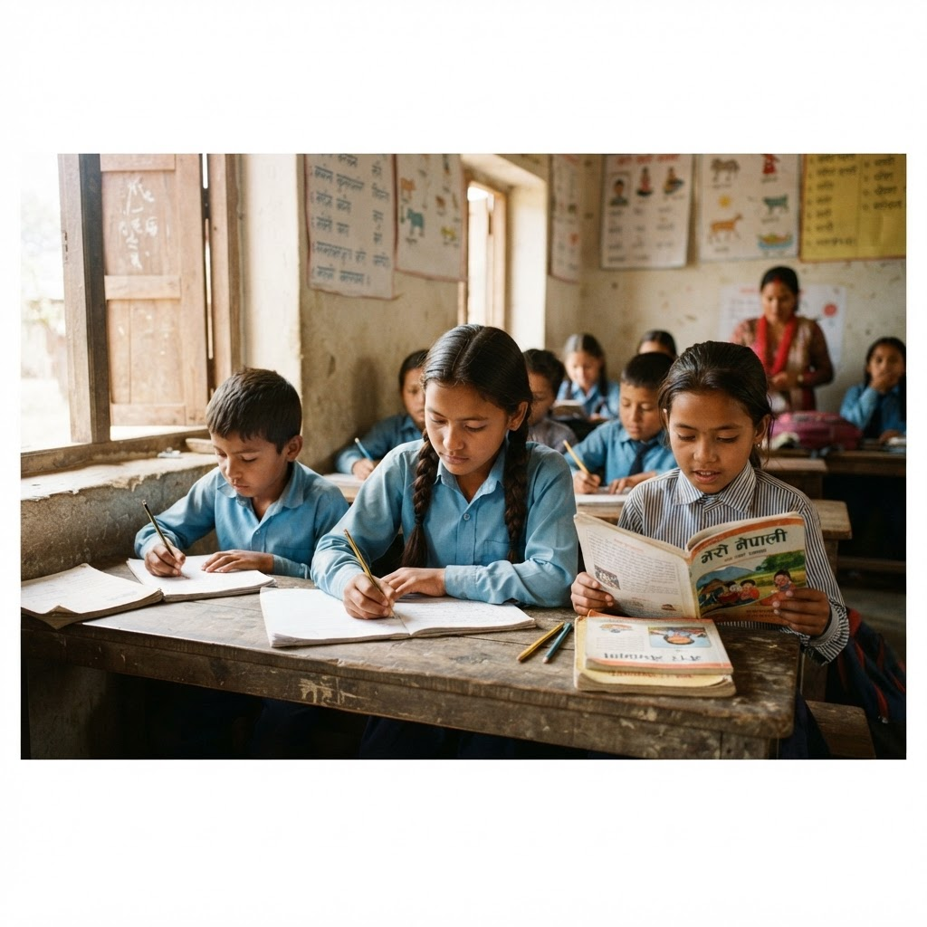 Children studying at desks in a modest classroom