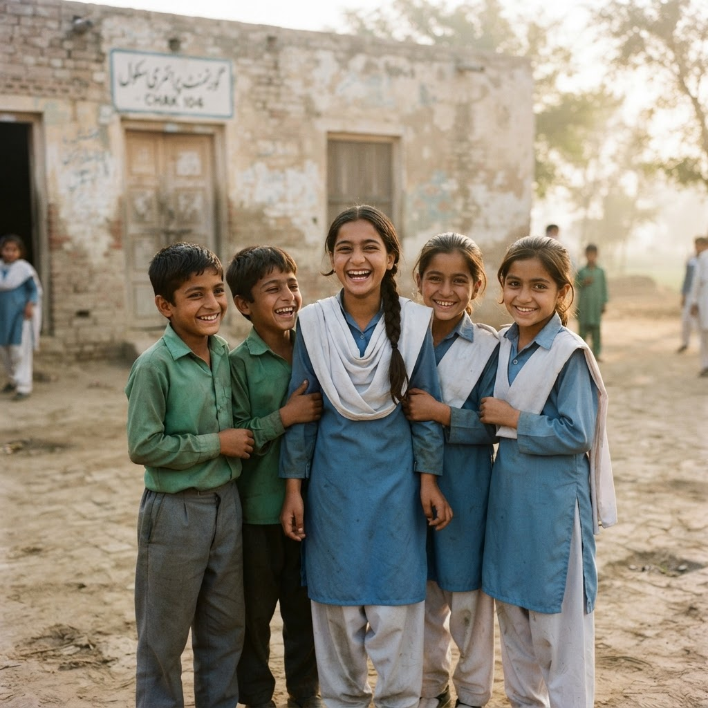 Schoolchildren in uniforms smiling together outside their school