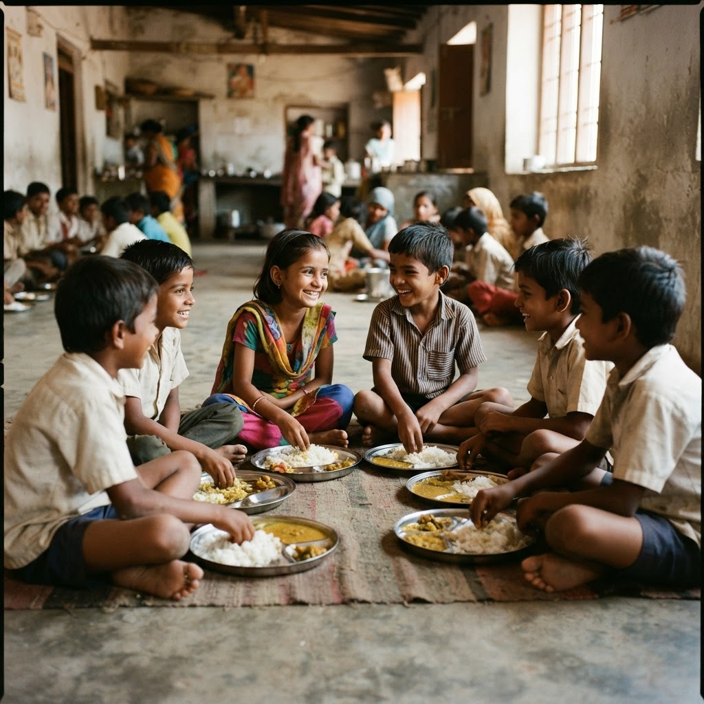 Children sharing a simple meal together